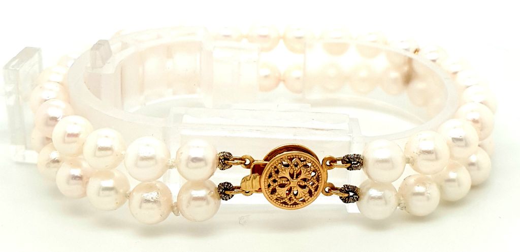 14ct Yellow Gold Clasp Double Row Akoya Pearl 52x 6-6.5mm Bracelet (19131)