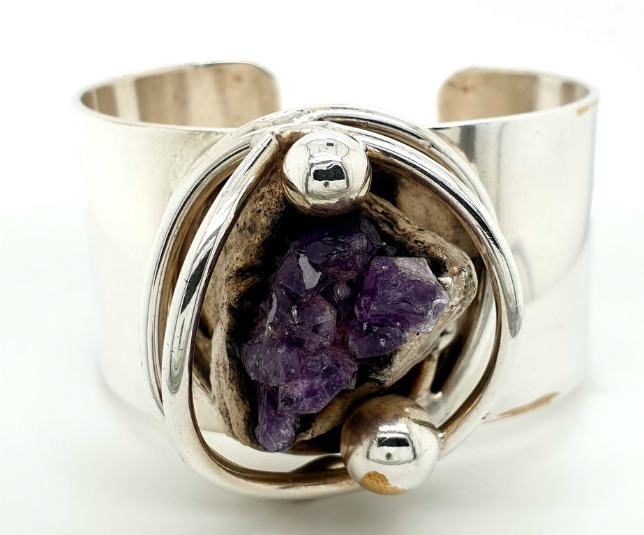 Sterling Silver  and Amethyst Crystal Cuff 32mm by Smykke Smeden (19697)
