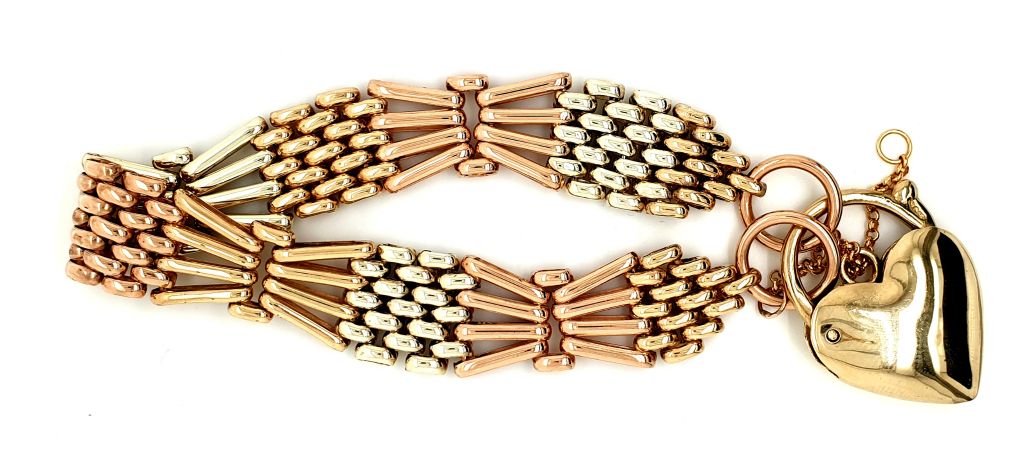 9ct Tri-Tone Rose. White and Yellow Gold Gate Link Bracelet (20152)