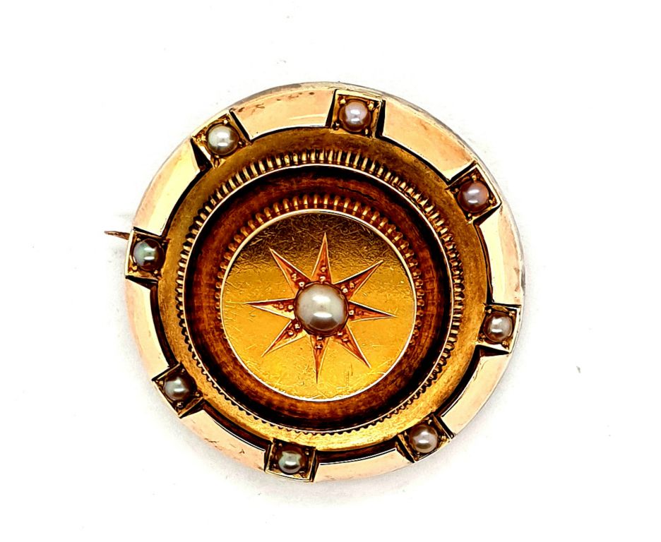 9ct Yellow Gold Pearl Target Brooch  (34mm diameter) (11001)