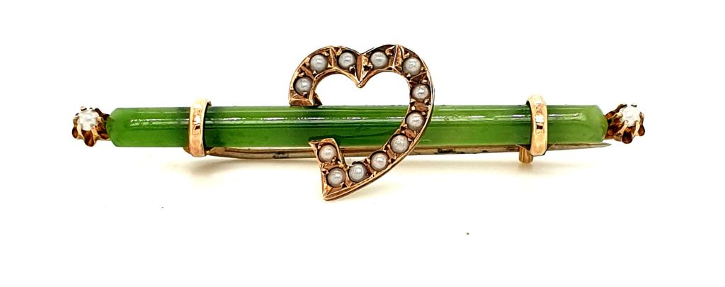 9ct Yellow Gold Nephrite Jade and Seed Pearl Brooch 51x14mm ( 16388)