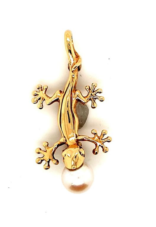 14ct Yellow Gold Cultured Pearl 7.15mm Gecko Brooch Pendant (16643)