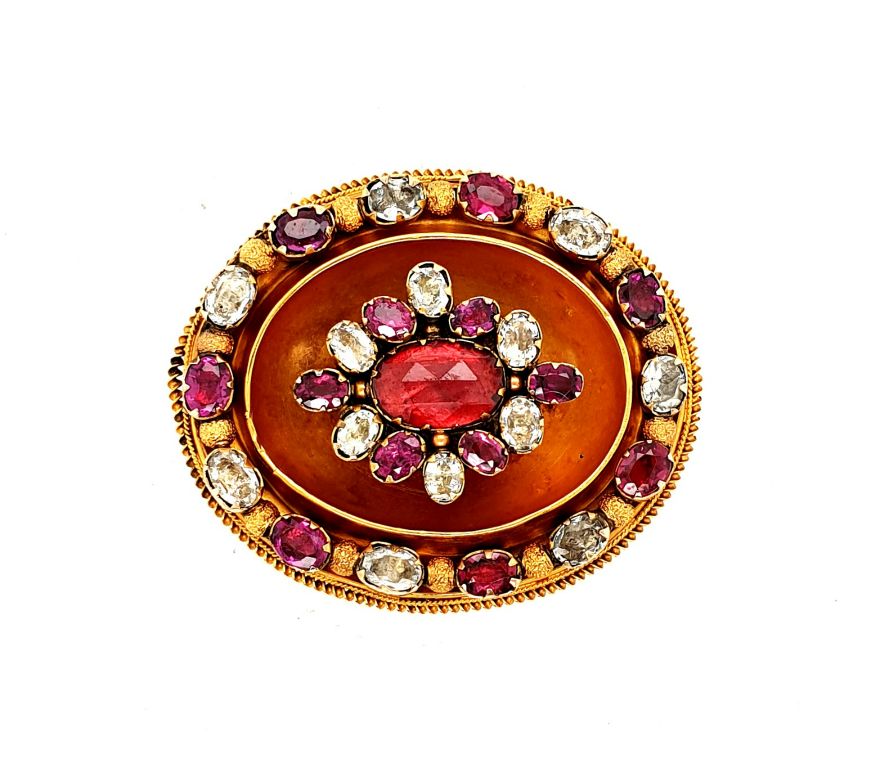 15ct Yellow Gold Antique 1820's Garnet Sapphire and Glass Brooch (45x38mm) (1686)