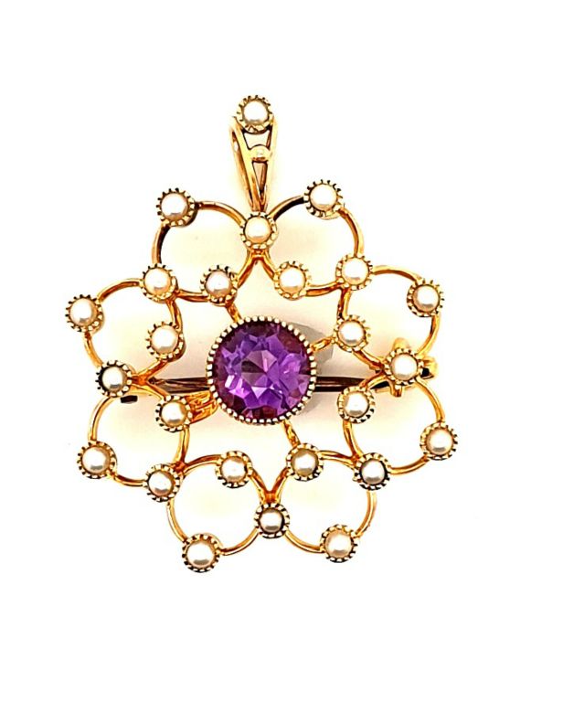 15ct Amethyst 1ct and Seed Pearl Brooch / Pendant (19853)
