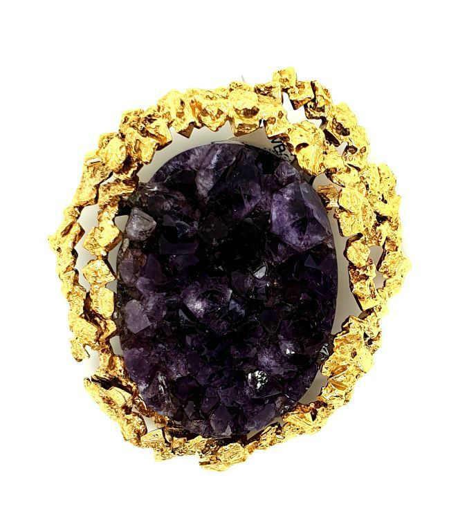 9ct Yellow Gold Large Natural Amethyst Crystal Brooch (58x48mm) (20728)