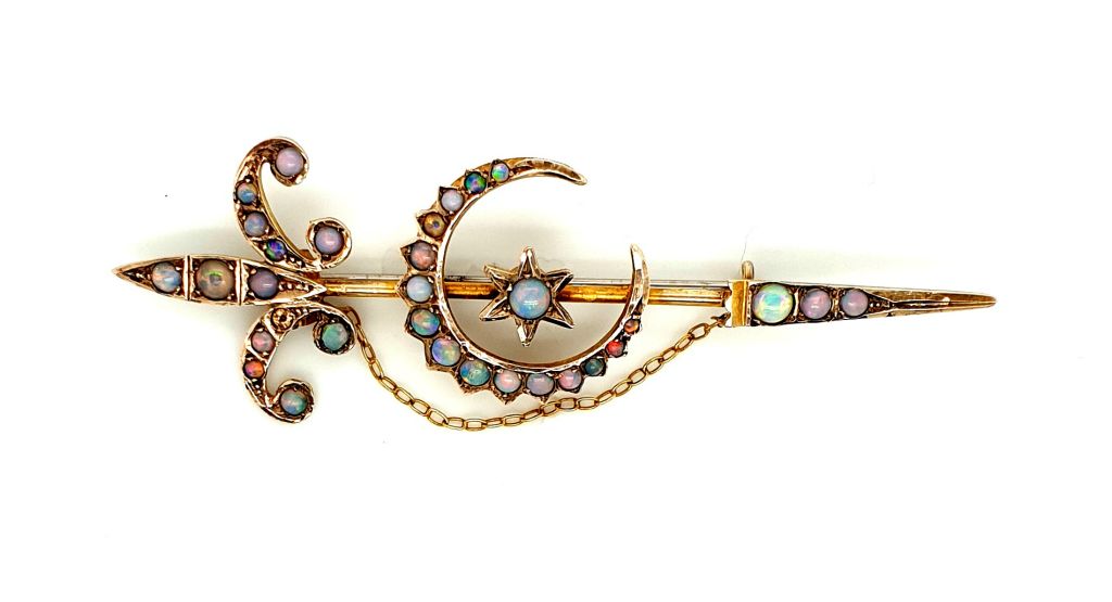 9ct Yellow Gold Opal Cresent Dagger Brooch (75x25mm) (20940)