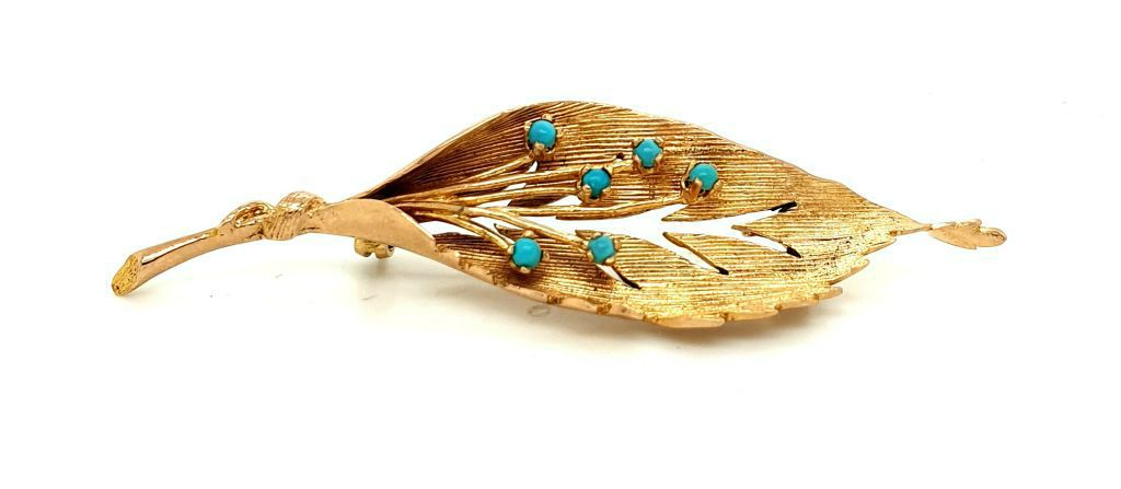 9ct Gold Vintage Turquoise Leaf Brooch Hallmarked London 1965 72mm Length (21085)