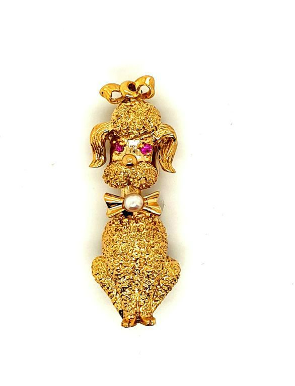 9ct Gold Pink Sapphires and Pearl Poodle Brooch Hallmarked Birmingham 1969 35x12mm (21086)