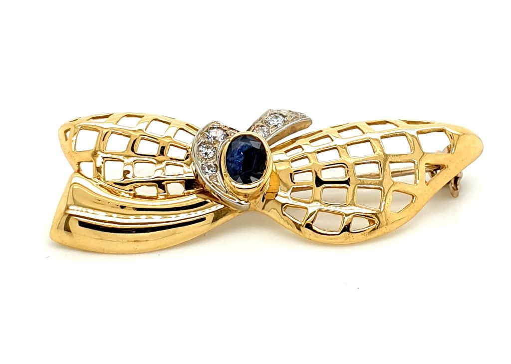 18ct Yellow Gold Vintage Sapphire (0.25ct) Diamond (0.10ct) Bow (43x16mm) Brooch (21714)