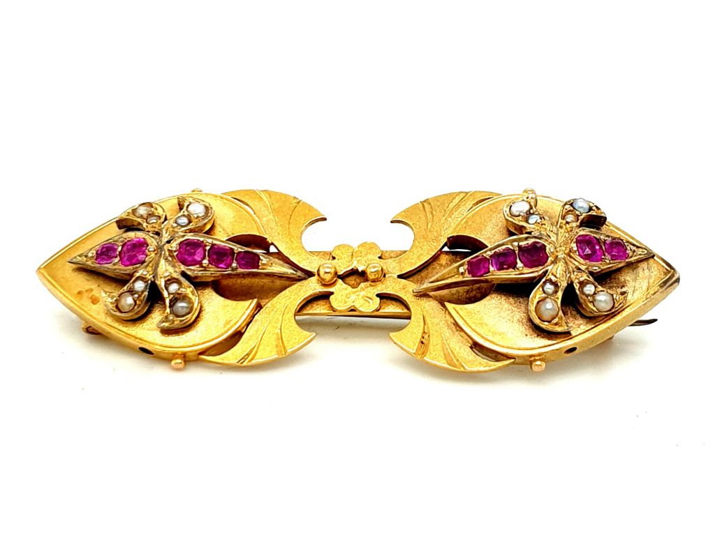 9ct Yellow Gold Ruby (0.42ct) and Seed Pearl Brooch (49x16mm) (22253)