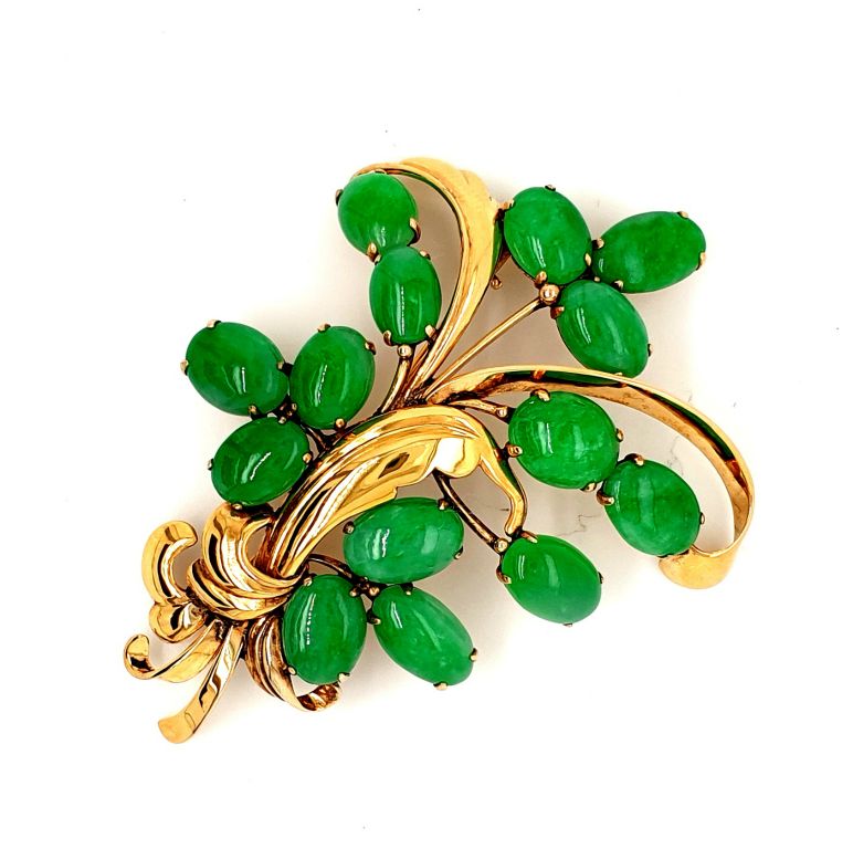 14ct Yellow Gold Vintage 14 Pieces of Jadeite (7.8x5.5 - 9.85-6.35mm) Brooch (60x45mm) (22326)