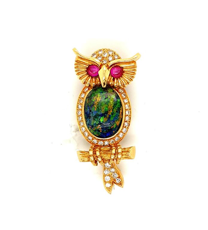18ct Yellow Gold Solid Opal (4.40ct), Diamond 0.76ct F-G VS, Ruby (3mm) Owl Brooch  (34x12.8mm) 