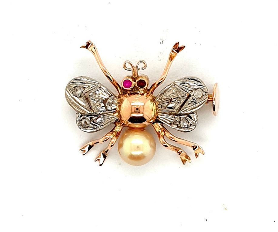 18ct Yellow Gold Diamond Ruby Pearl Bee Brooch 24x21mm (22462)