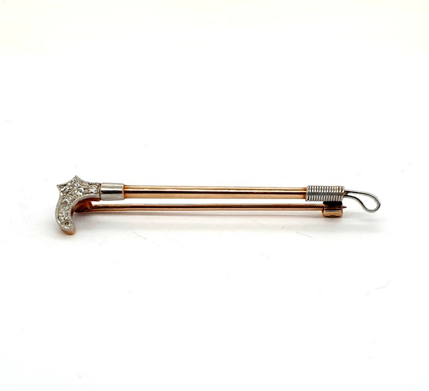Antique Gold Platinum Diamond (0.17ct GH SI2-P1) Riding Crop Brooch (48mm in length) (22485)