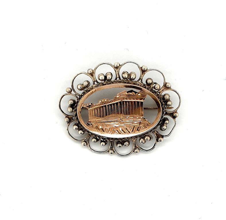 9ct Rose Gold and Silver Parthenon Brooch (40x31mm) (2786)