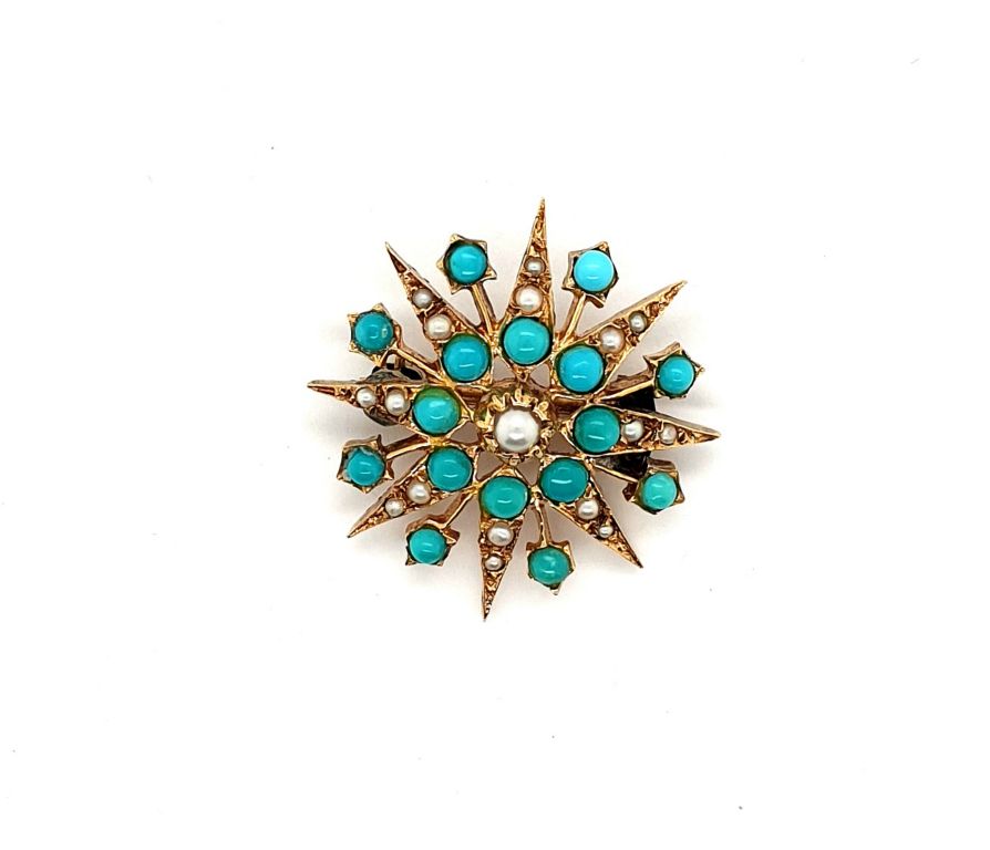 9ct Yellow Gold Turquoise Seed Pearl Brooch 28mm (3681)