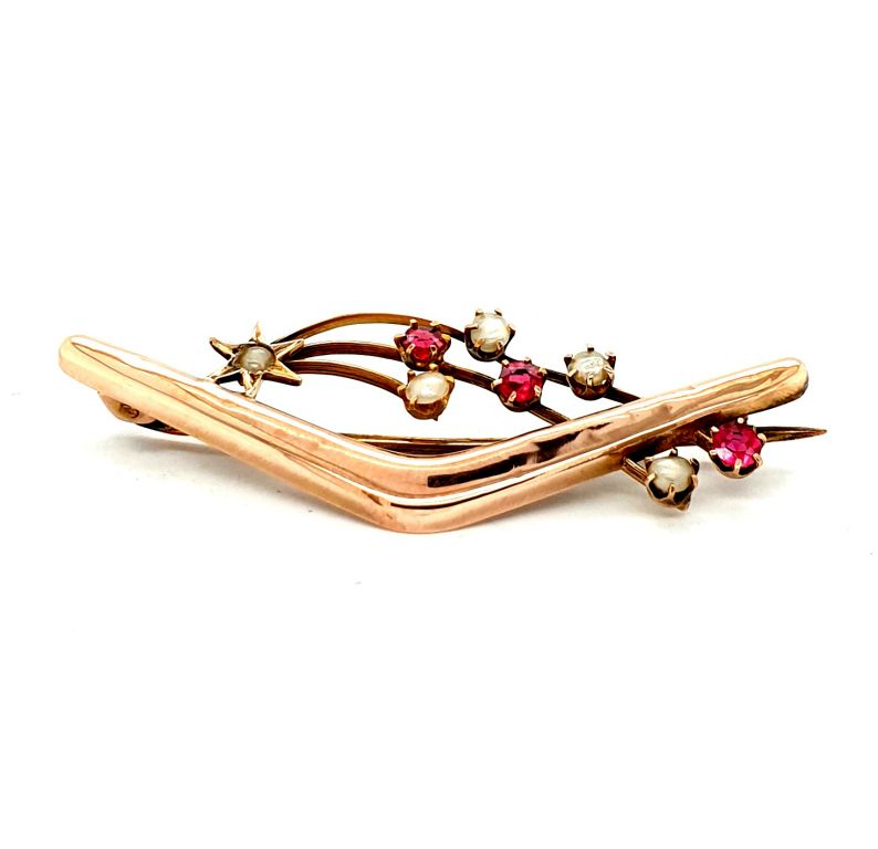 9ct Rose Gold Ruby Seed Pearl Australian Brooch By Willis (51x18mm) (4552)