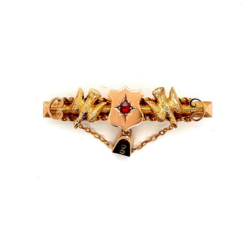 9ct Yellow Gold Ruby 1x 0.10ct Dove Sweet Heart Brooch 41x19mm (7380)