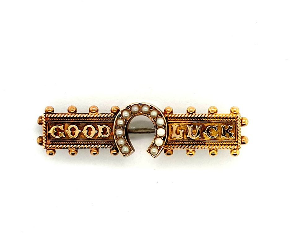 9ct Yellow Gold Seed Pearl Horseshoe Good Luck Brooch (42x11mm) (788)
