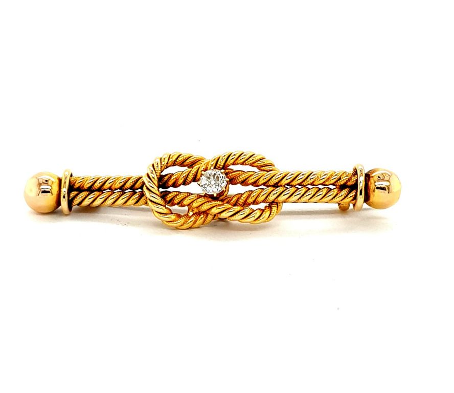 18ct Yellow Gold Diamond (0.12ct H VS) Knot Brooch (L=46mm) (8518)