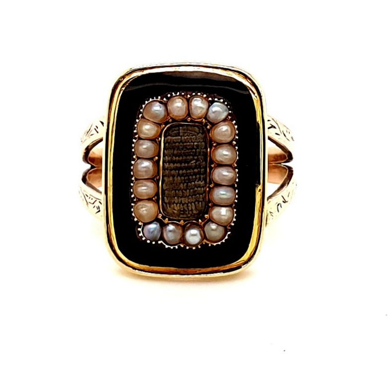 9ct Yellow Gold Seed Pearl and Enamel Mourning Ring (11961)