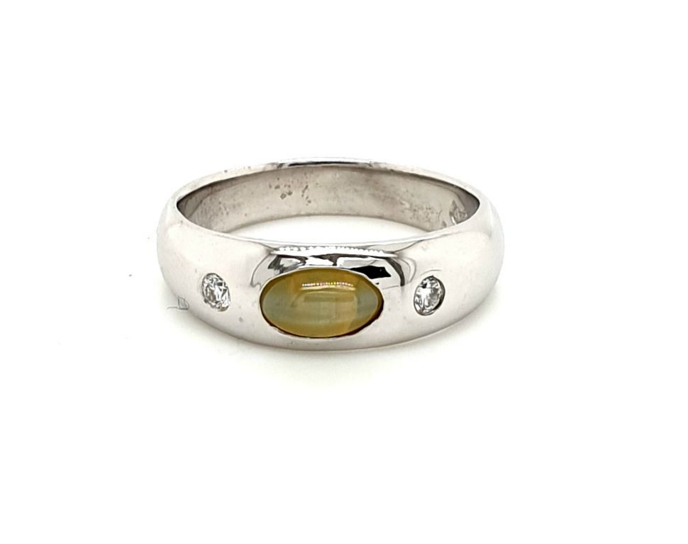 18ct White Gold Chrysoberyl Cats Eye and Diamond 2x 0.05ct F SI (16698)
