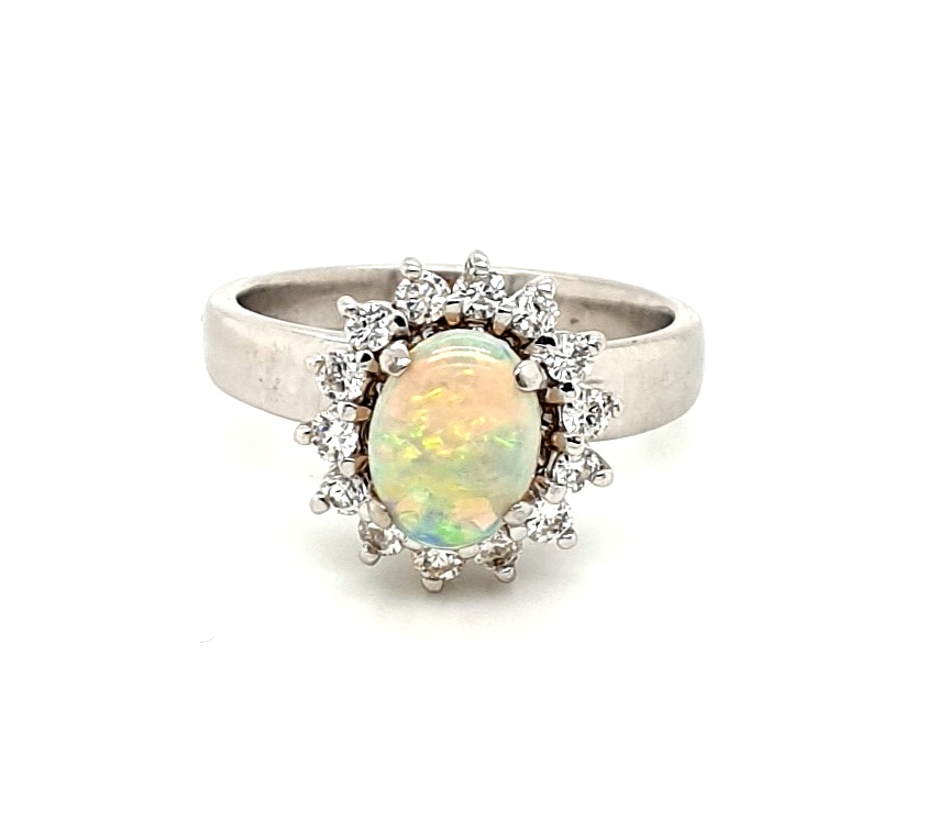 18ct White Gold Solid Opal and Diamond 14x0.02ct FG SI Ring (17272)