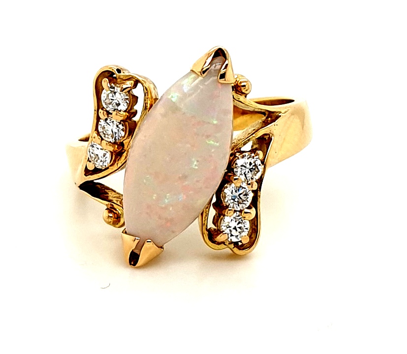 18ct Yellow Gold Marquise Cut Opal 17.5x7.5mm and Diamond 6x 0.05ct (18325)