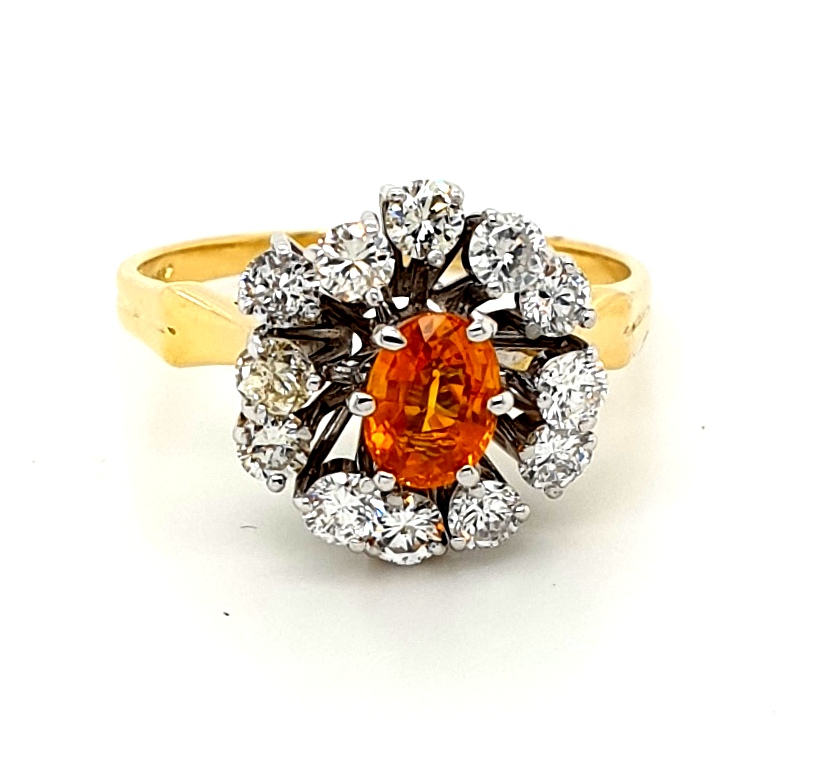18ct Yellow Gold Golden Sapphire (0.63ct) and Diamond (0.84ct) Wire Basket Cluster Ring (20060)