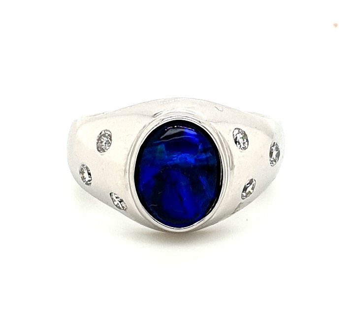 9ct White Gold Solid Opal 10x7mm and Diamond 6x 0.03ct GH SI (20644)