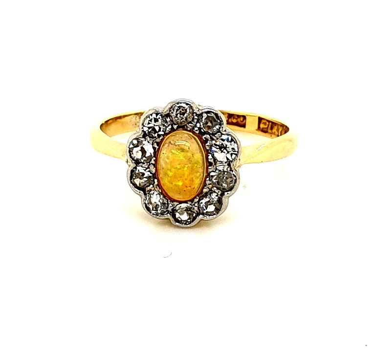 18cty Yellow Gold Platinum Set Solid Opal 6x4mm and Diamond 0.40ct Ring (20921)
