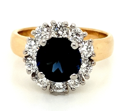 18ct Yellow Gold Top Vivid Dark Blue Ceylon Sapphire (2.15ct) and Diamond (10x 0.10ct G VS) Ring (21427)