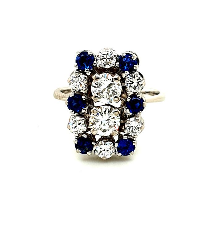18ct Whte Gold Vintage French Diamond (1.35ct FG VS) Sapphire (6x0.15ct) Ring 17.70 x 12.70mm top (21707)