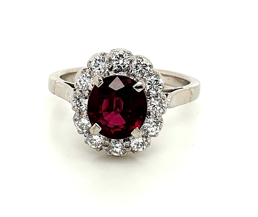 18ct White Gold Natural Certified Unheated African Ruby 2.27ct and Diamond 12x 0.05ct F VVS Cluster Ring (21765)