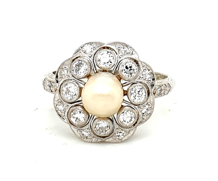 18ct White Gold Art Deco Platinum Set Natural Pearl (6mm) Diamond (0.60ct Total) Ring (21786)