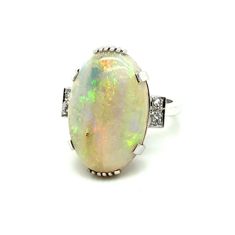 14ct White Gold Vintage Solid White Opal (7.69ct) and Diamond (0.08ct GH VS) Ring (22308)