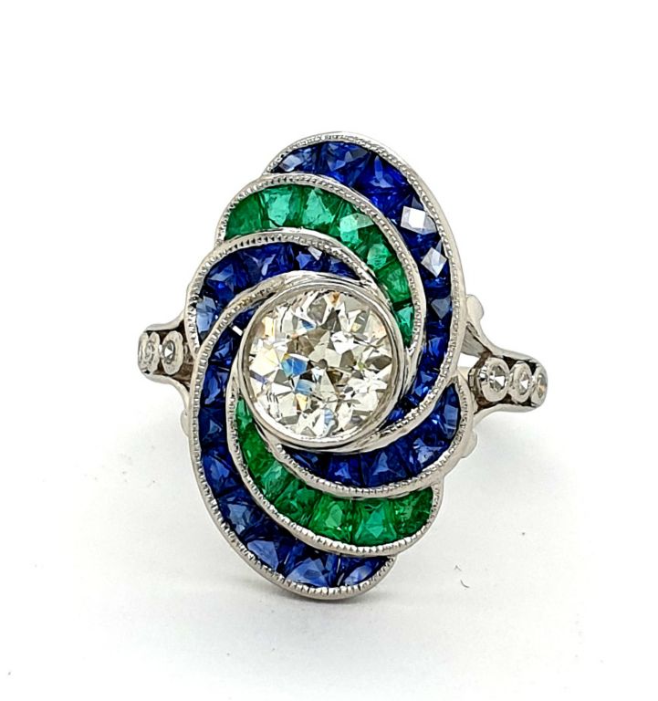 Platinum Diamond 1.50ct H-I P1 Sapphire 2.10ct total and Emerald 0.75ct total Ring (22376)