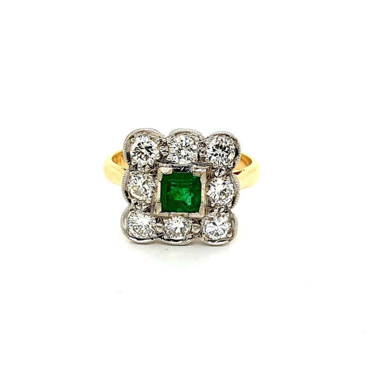 18ct Yellow Gold Platinum Set Emerald (0.35ct) and Diamond 8x 0.13ct FG SI Ring (22474)