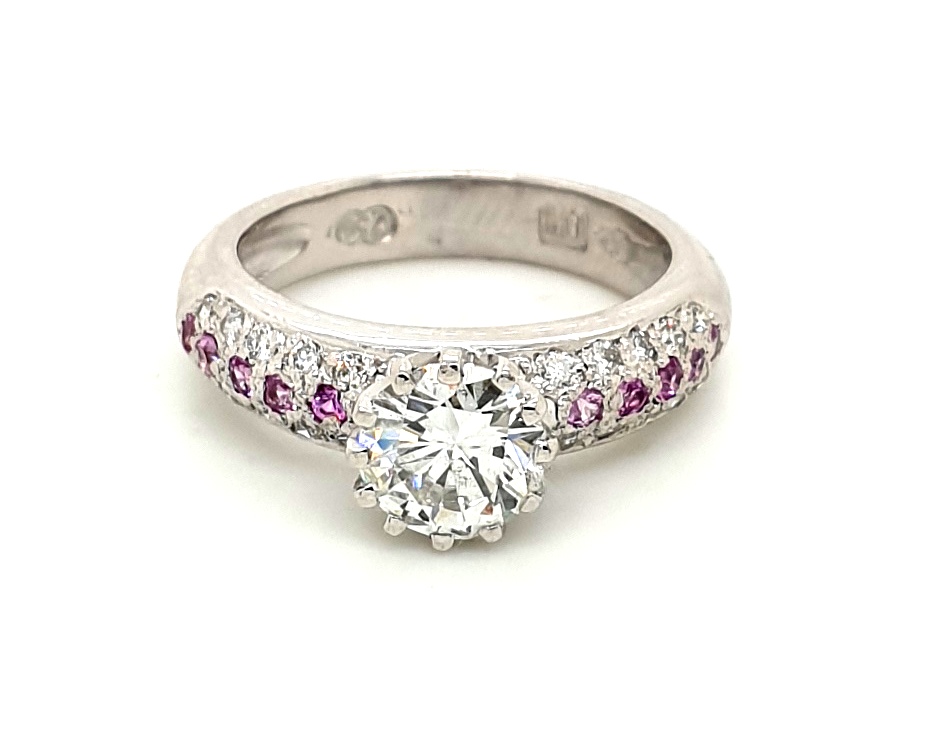 18ct White Gold Diamond 1.0ct F VVS2 and 20x 0.01ct G SI pink Sapphire 10x 0.02ct (18582)