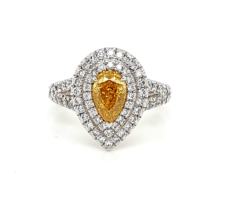 18ct White Gold Fancy Natural Yellow (1.03ct GIA Cert Orange Yellow P1) and White Diamond (0.85ct G VS) Double Halo Ring (21260)
