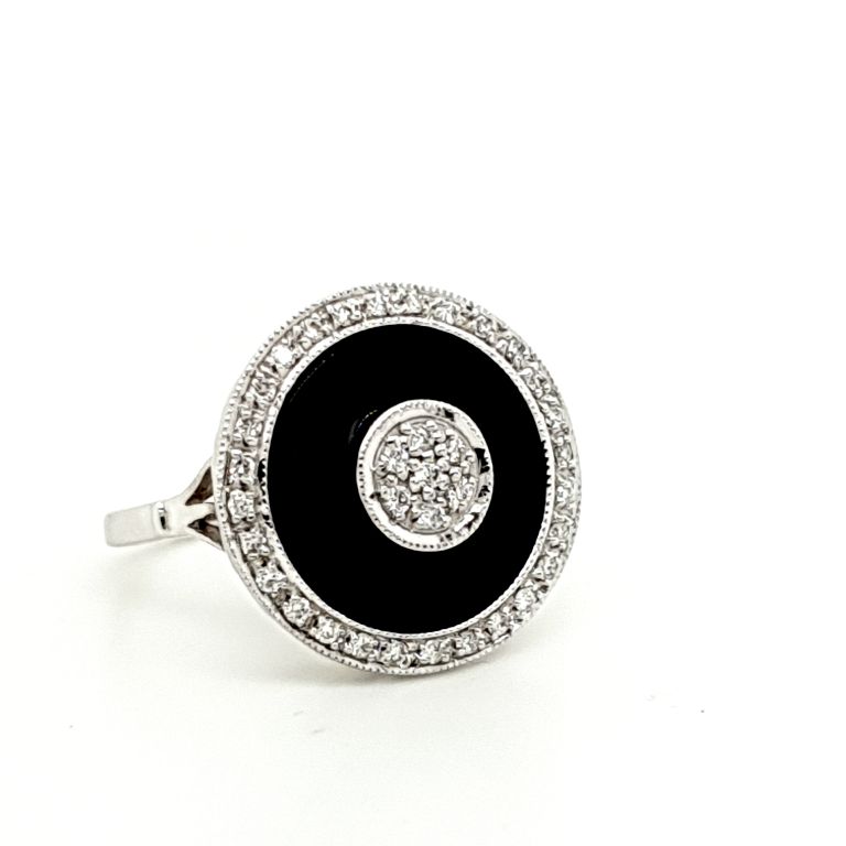 9ct White Gold Onyx and Diamond 0.33ct Ring Diameter 17.64mm (21347)