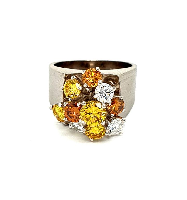 18ct White Gold White Diamonds=2X 0.20CT F VS1, Fancy Yellow Diamonds=3X 0.20CT 1X 0.50CT VS1, Fancy Orange Diamonds=2X 0.15CT 1X 0.25CT VS1 (22508)