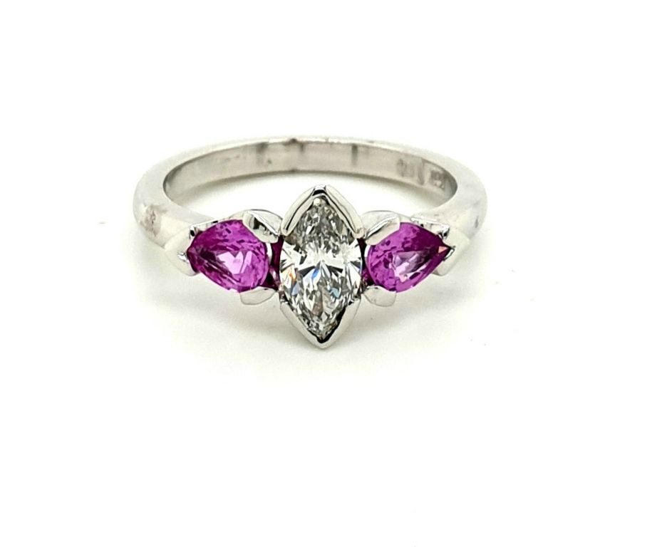 18ct White Gold Marquise Diamond 0.69ct VS FG and Pink Sapphire 2x 0.30ct Ring by Glenn Humphries (7936)