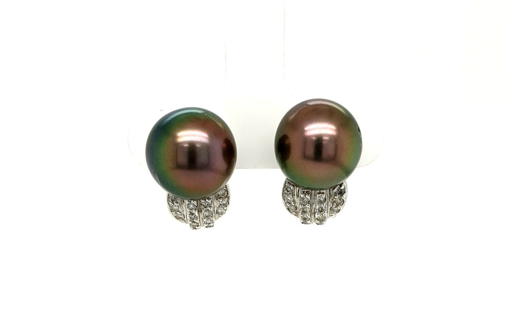 18ct White Gold Tahitian Pearl 11-11.5mm Diamond 0.24ct GH SI Earrings (10208)