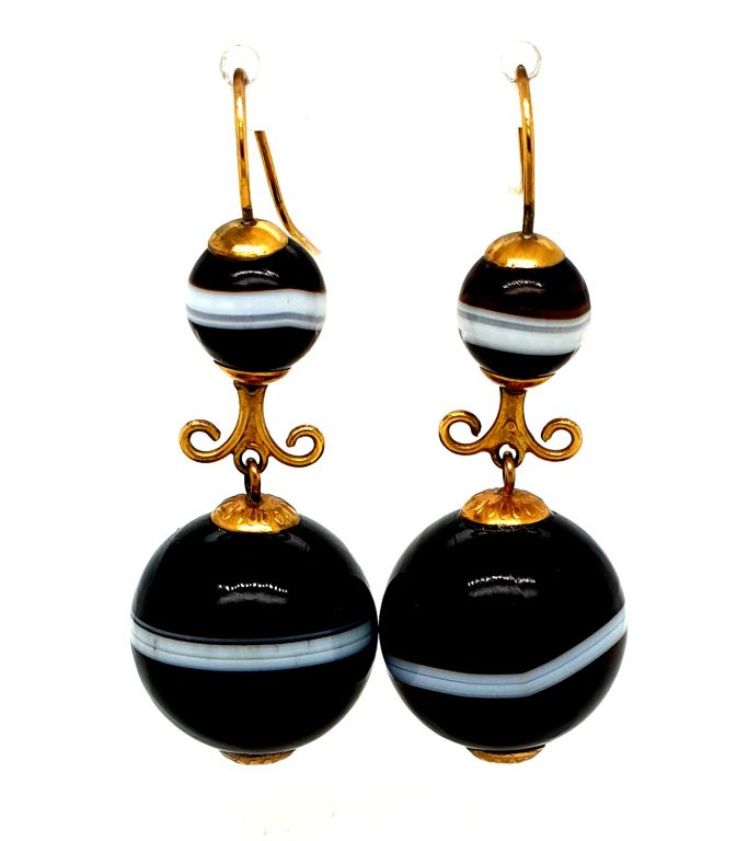 9ct Yellow Gold Banded 17mm and 8.5mm Agate Drop Earrings (10652) 