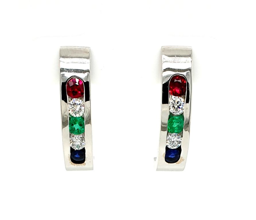 18ct White Gold Natural Ruby 2x 0.15ct Sapphire 2x 0.15ct Diamond 2x 0.10ct F VS and Emerald 2x 0.15ct  Earrings (15599) 