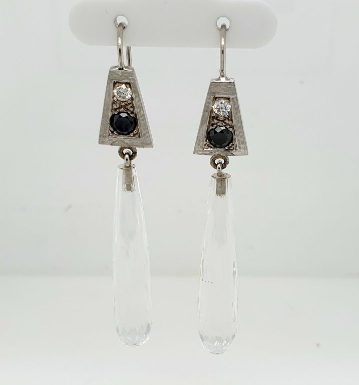 14ct White Gold Black Diamond (2x 0.20ct), White Diamond (2x 0.10ct) and Rock Crystal Earrings Length 58mm (16598)