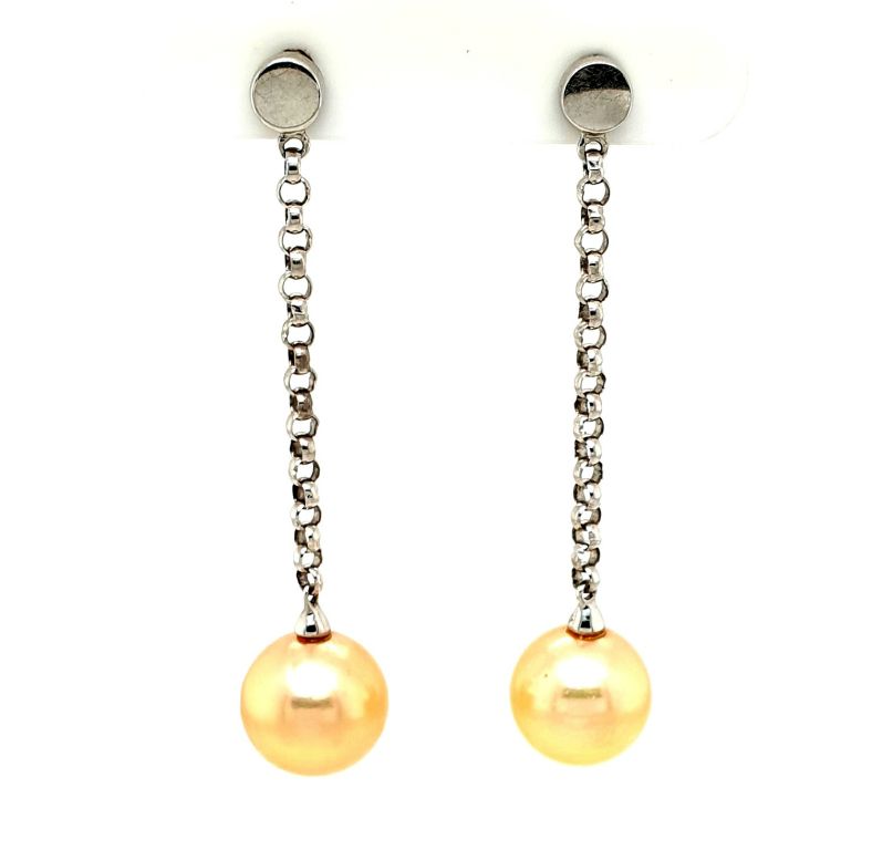 18ct White Gold South Sea Golden Pearl (9-9.5mm) Drop Earrings Length 40mm (17898)
