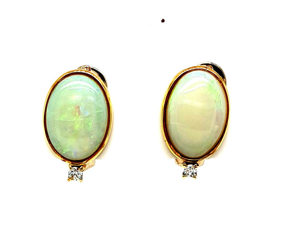 18ct Yellow Gold Solid Opal (13x10mm) Diamond (2x 0.05ct GH SI) Clip-on Earrings (18319)