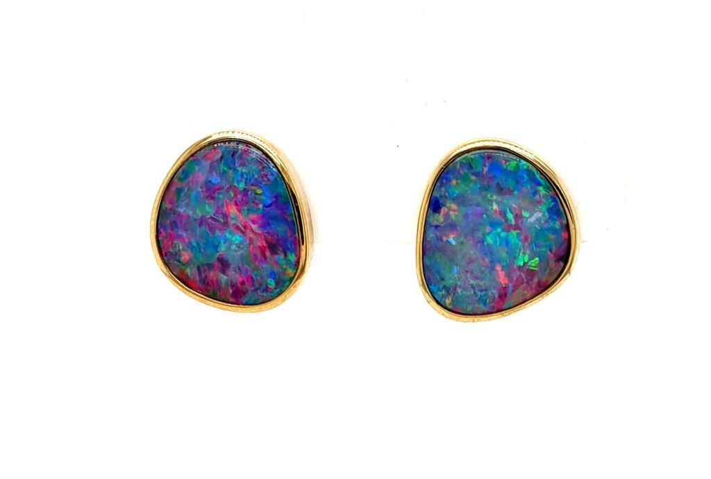 9ct Yellow Gold Opal Doublet 11mm Stud Earrings (21215)